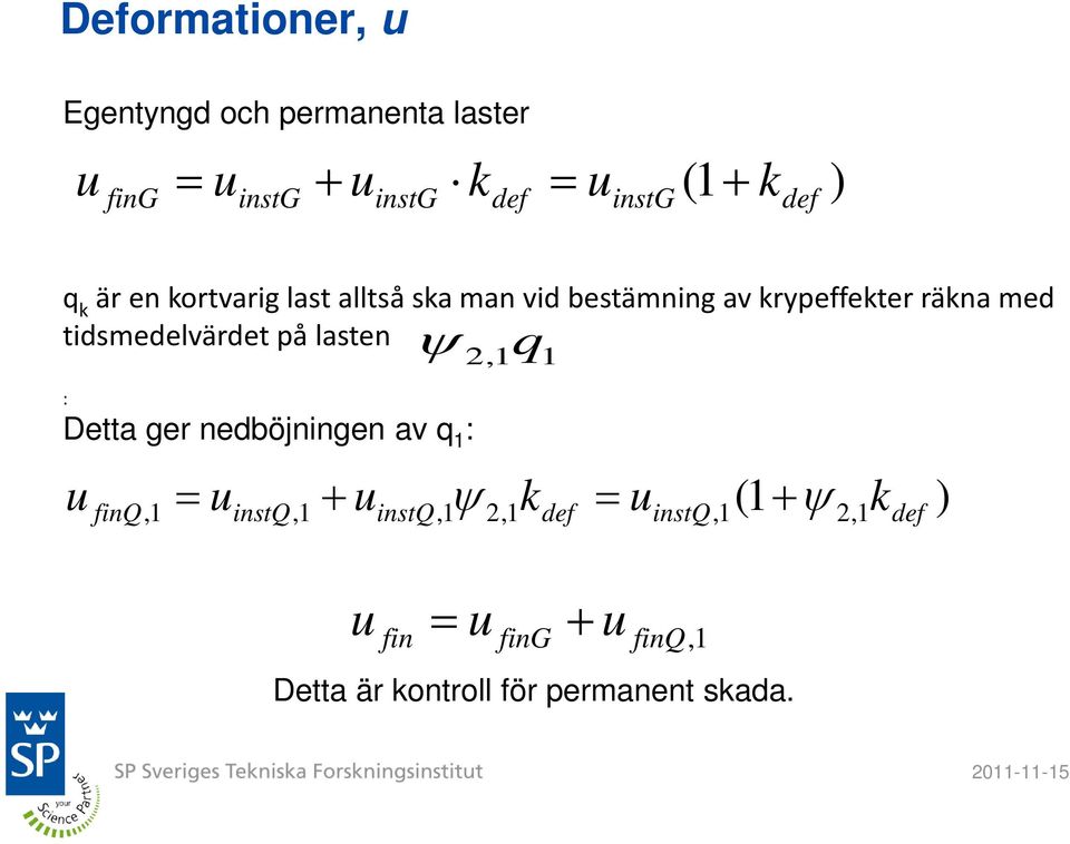 tidsmedelvärdet på lasten ψ 2 q : Detta ger nedböjningen av q 1 : u = u + u,1 1 ψ 2,1kdef =