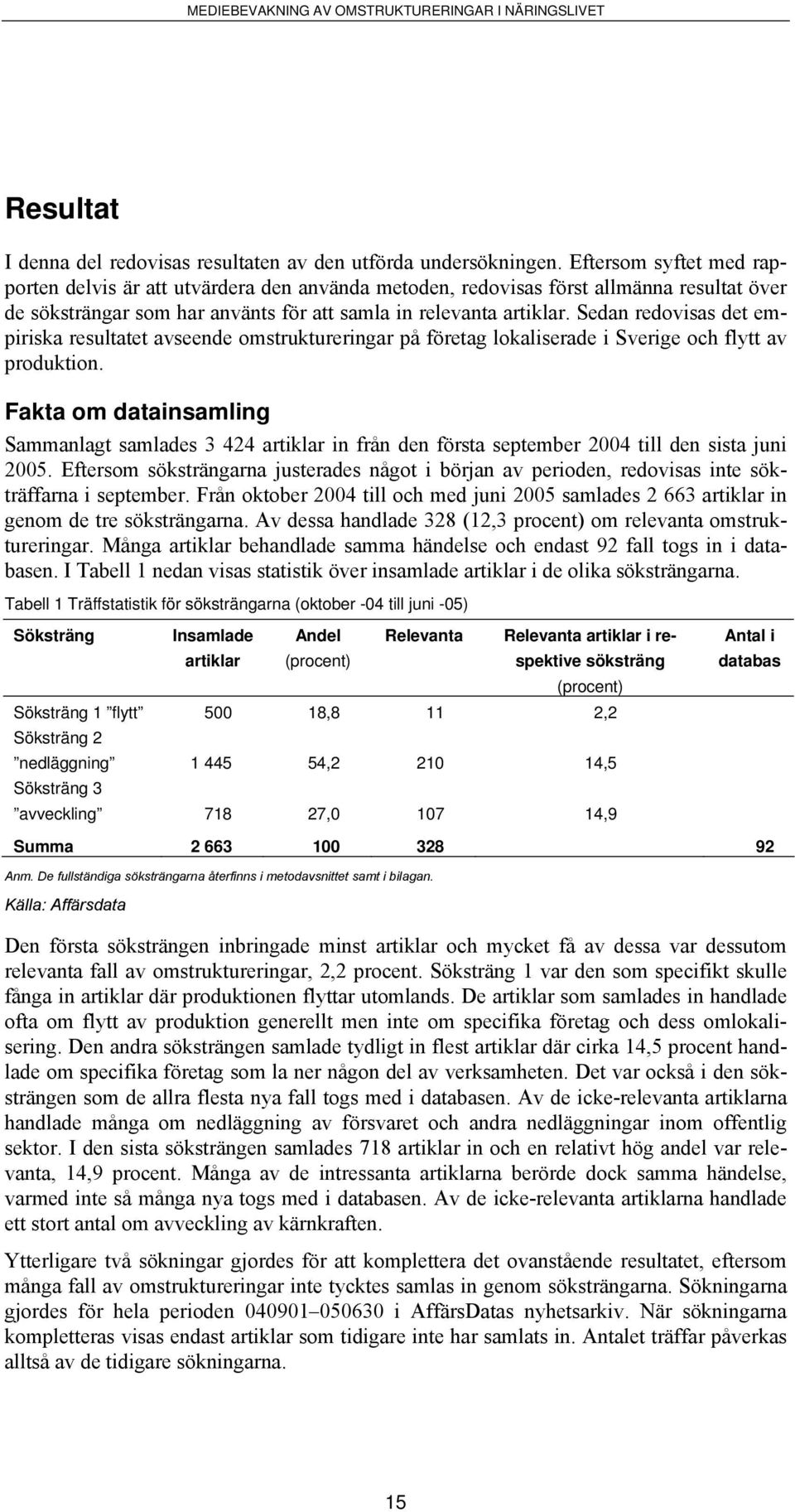 Sedan redovisas det empiriska resultatet avseende omstruktureringar på företag lokaliserade i Sverige och flytt av produktion.