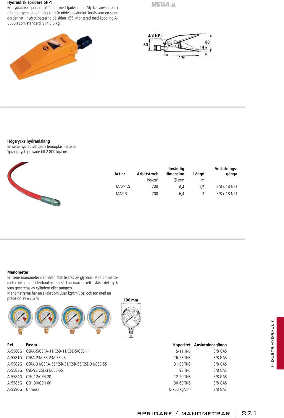 rt nr rbetstryck nvändig dimension Längd nslutningsgänga kg/cm 2 Ø mm m MP-1.5 700 6,4 1,5 3/8 x 18 NPT MP-3 700 6,4 3 3/8 x 18 NPT Manometer n serie manometer där nålen stabiliseras av glycerin.