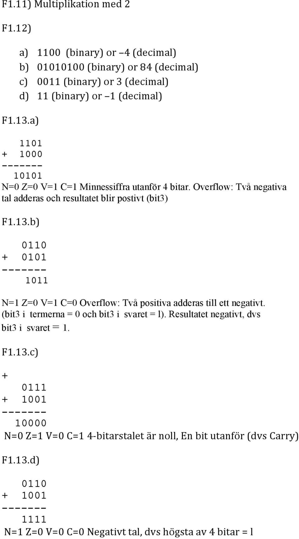 b) 0110 + 0101 ------- 1011 N=1 Z=0 V=1 C=0 Overflow: Två positiva adderas till ett negativt. (bit3 i termerna = 0 och bit3 i svaret = l).