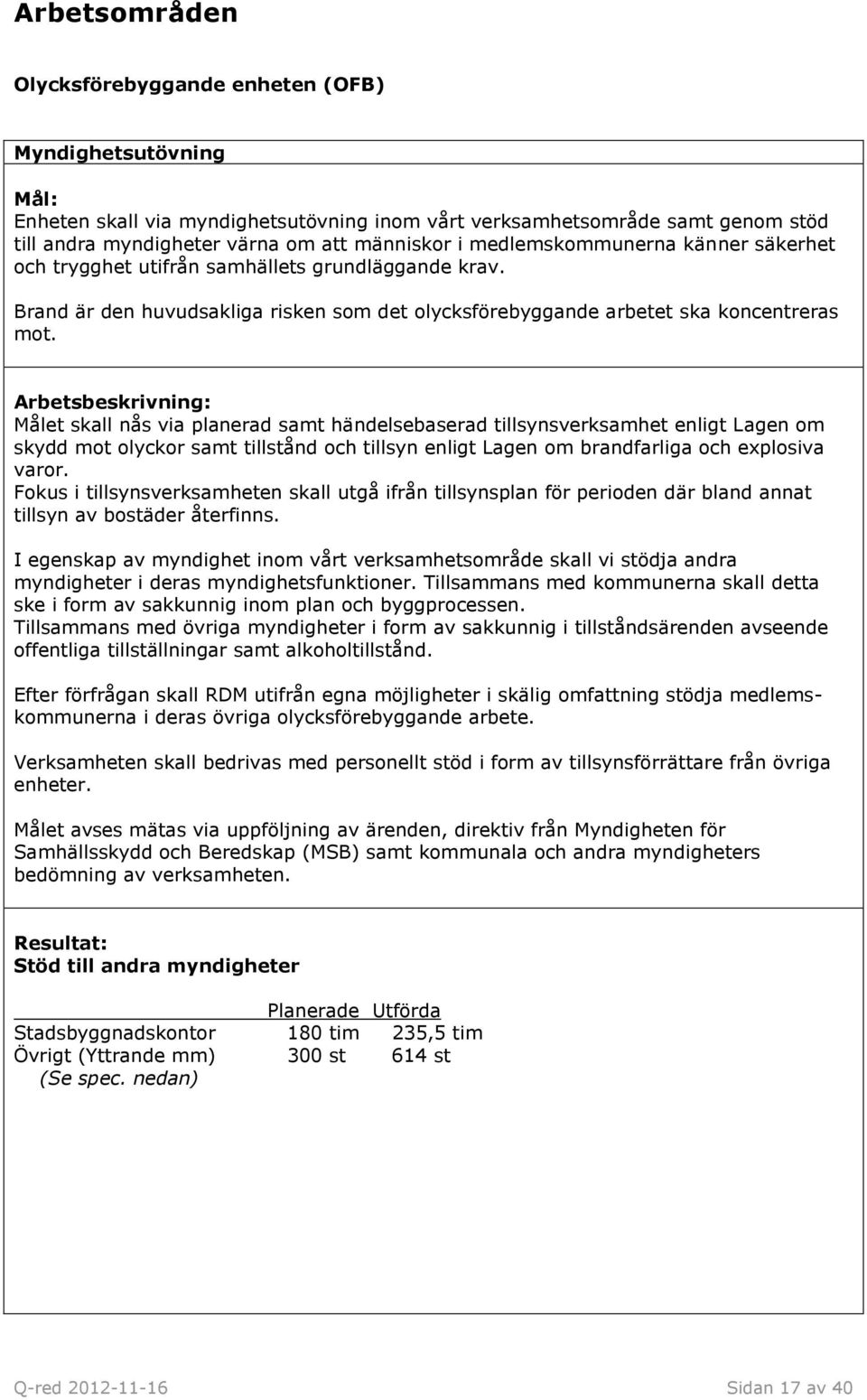 Arbetsbeskrivning: Målet skall nås via planerad samt händelsebaserad tillsynsverksamhet enligt Lagen om skydd mot olyckor samt tillstånd och tillsyn enligt Lagen om brandfarliga och explosiva varor.