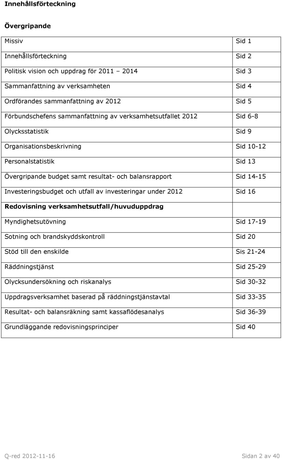 balansrapport Sid 14-15 Investeringsbudget och utfall av investeringar under 2012 Sid 16 Redovisning verksamhetsutfall/huvuduppdrag Myndighetsutövning Sid 17-19 Sotning och brandskyddskontroll Sid 20