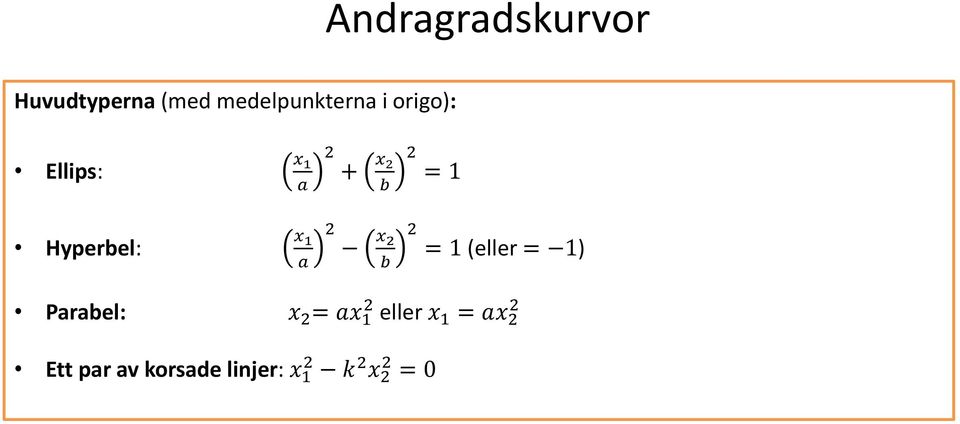 = Hyperbel: a 2 b 2 = (eller = ) Parabel: =
