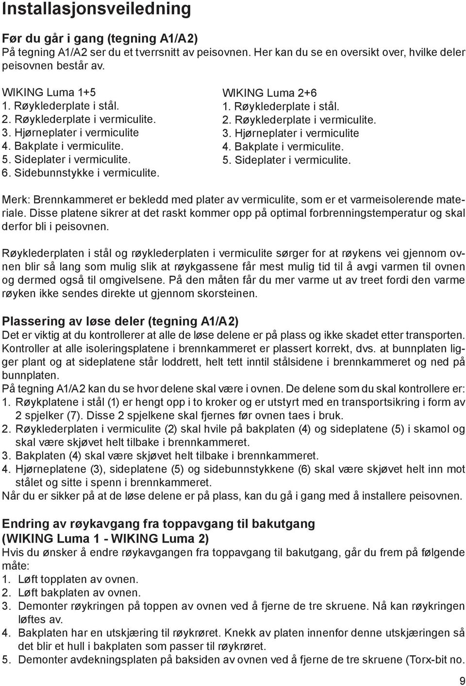 Røyklederplate i stål. 2. Røyklederplate i vermiculite. 3. Hjørneplater i vermiculite 4. Bakplate i vermiculite. 5. Sideplater i vermiculite.