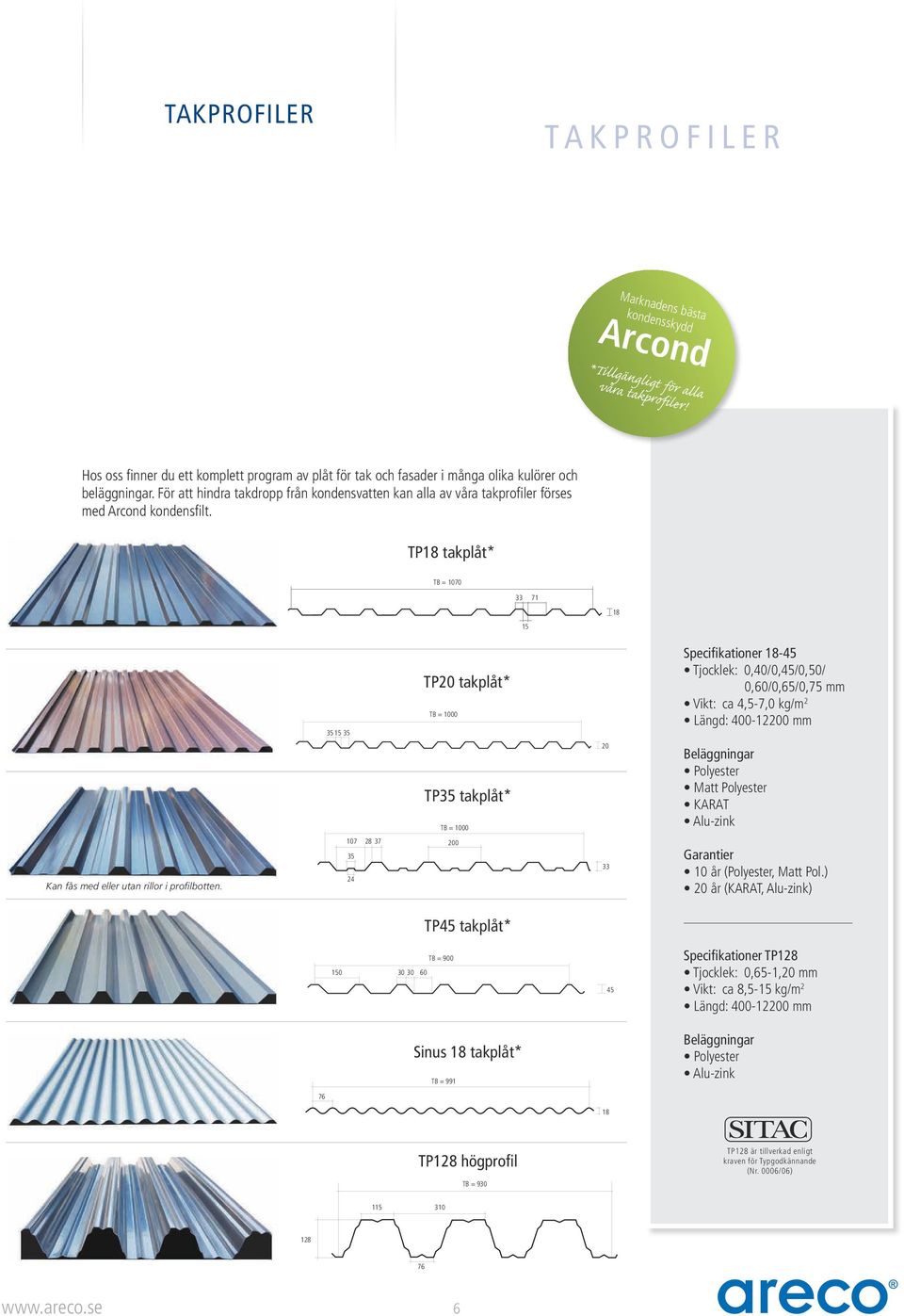 För att hindra takdropp från kondensvatten kan alla av våra takprofiler förses med Arcond kondensfilt.