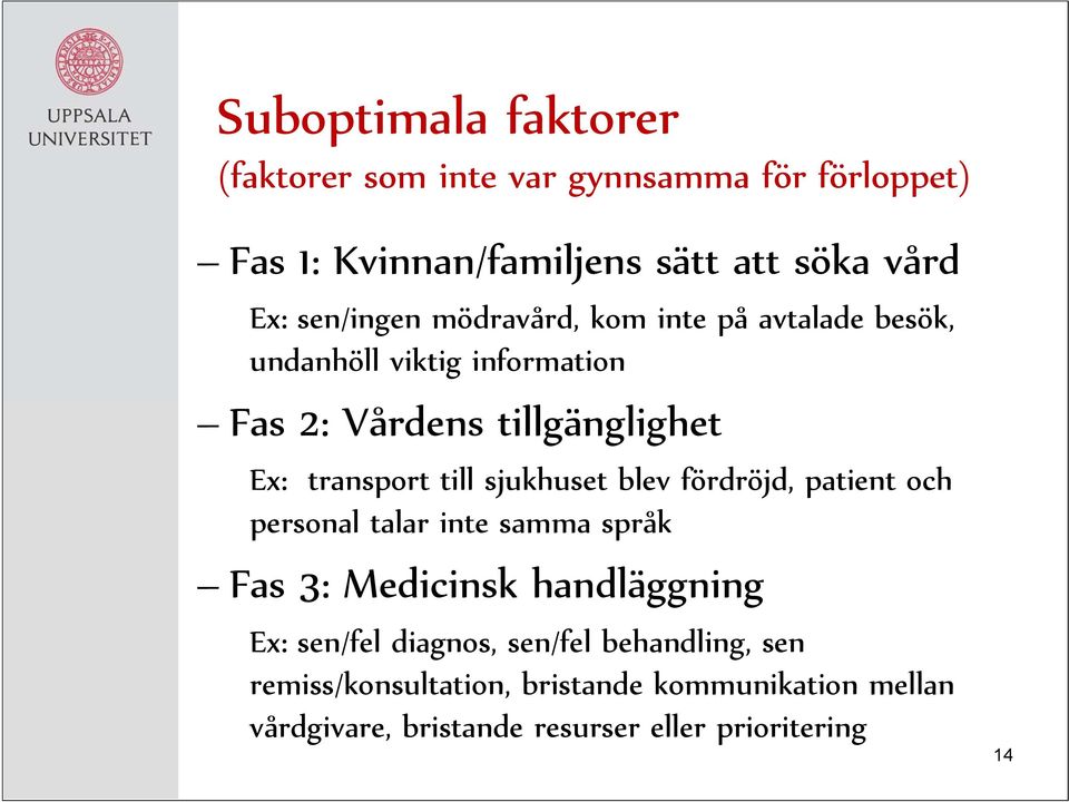 till sjukhuset blev fördröjd, patient och personal talar inte samma språk Fas 3: Medicinsk handläggning Ex: sen/fel