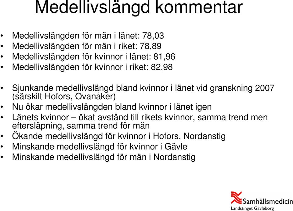 Nu ökar medellivslängden bland kvinnor i länet igen Länets kvinnor ökat avstånd till rikets kvinnor, samma trend men eftersläpning, samma trend