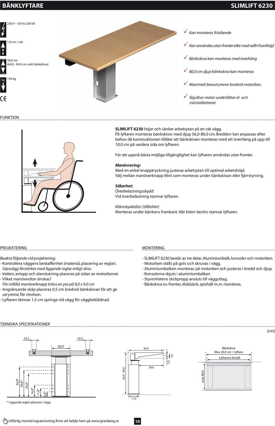 Skjutbar motor underlättar el- och vsinstallationer FUNKTION SLIMLIFT 6230 höjer och sänker arbetsytan på en rak vägg. På lyftaren monteras bänkskivor med djup 56,0-80,0 cm.