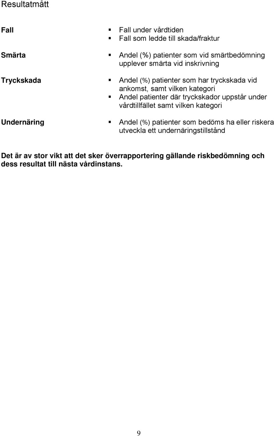 tryckskador uppstår under vårdtillfället samt vilken kategori Undernäring Andel (%) patienter som bedöms ha eller riskera utveckla