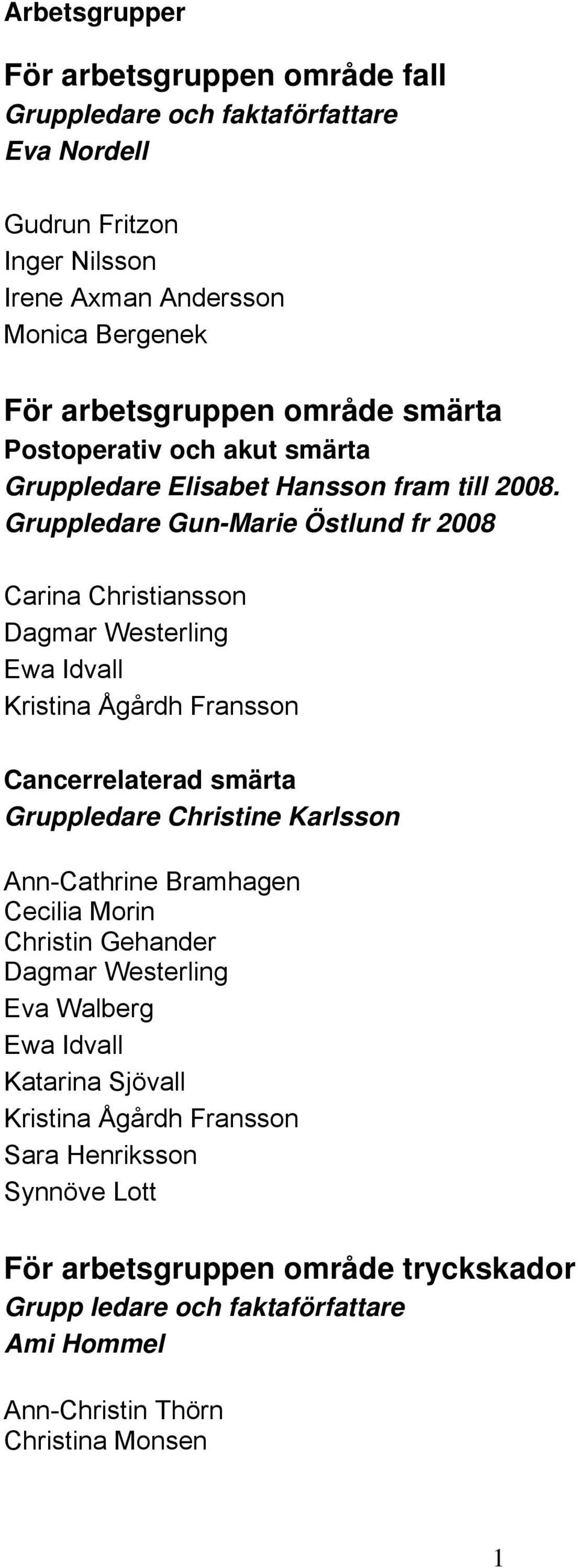Gruppledare Gun-Marie Östlund fr 2008 Carina Christiansson Dagmar Westerling Ewa Idvall Kristina Ågårdh Fransson Cancerrelaterad smärta Gruppledare Christine Karlsson