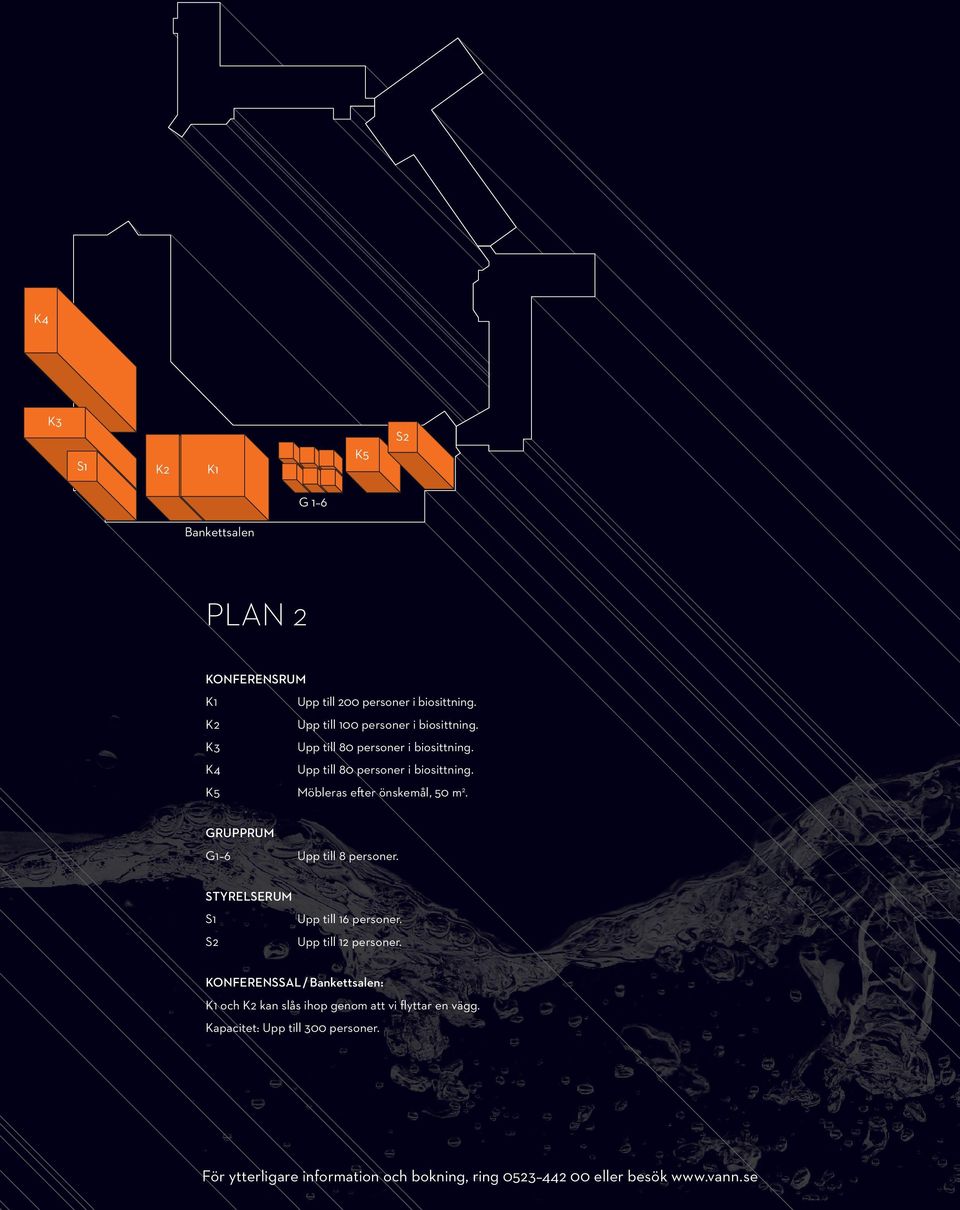 K5 Möbleras efter önskemål, 50 m 2. GRUPPRUM G1 6 Upp till 8 personer. STYRELSERUM S1 Upp till 16 personer. S2 Upp till 12 personer.