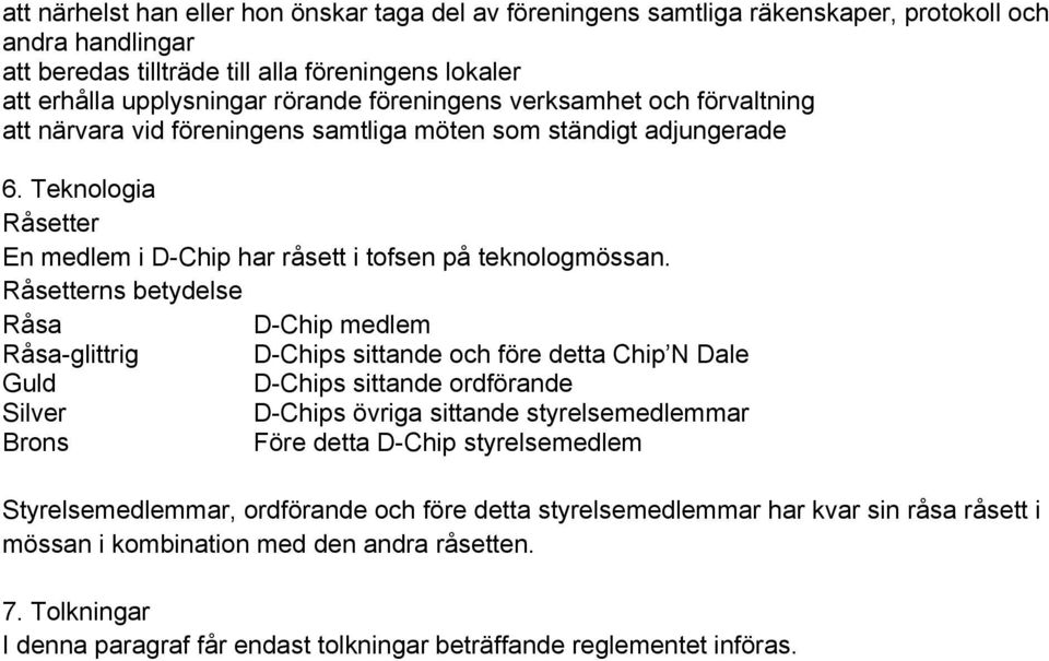 Råsetterns betydelse Råsa D-Chip medlem Råsa-glittrig D-Chips sittande och före detta Chip N Dale Guld D-Chips sittande ordförande Silver D-Chips övriga sittande styrelsemedlemmar Brons Före detta