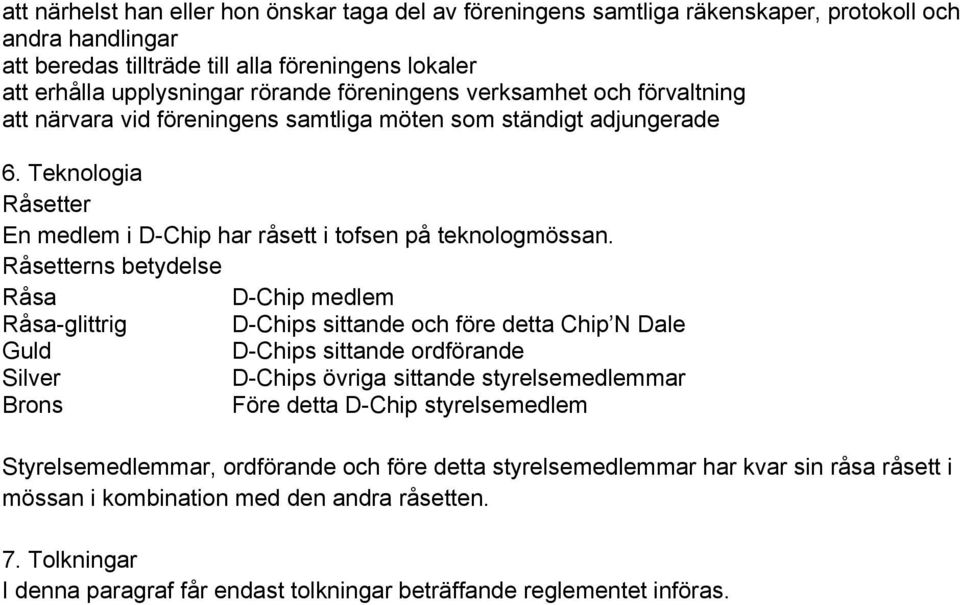 Råsetterns betydelse Råsa D-Chip medlem Råsa-glittrig D-Chips sittande och före detta Chip N Dale Guld D-Chips sittande ordförande Silver D-Chips övriga sittande styrelsemedlemmar Brons Före detta