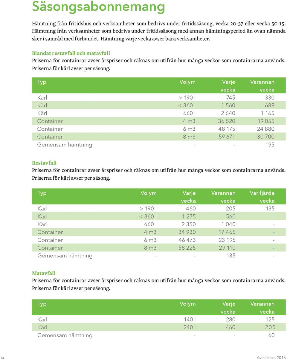Blandat restavfall och matavfall Priserna för containrar avser årspriser och räknas om utifrån hur många veckor som containrarna används. Priserna för kärl avser per säsong.