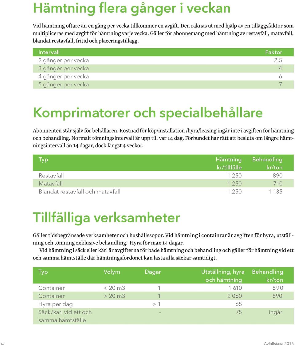 Intervall Faktor 2 gånger per vecka 2,5 3 gånger per vecka 4 4 gånger per vecka 6 5 gånger per vecka 7 Komprimatorer och specialbehållare Abonnenten står själv för behållaren.