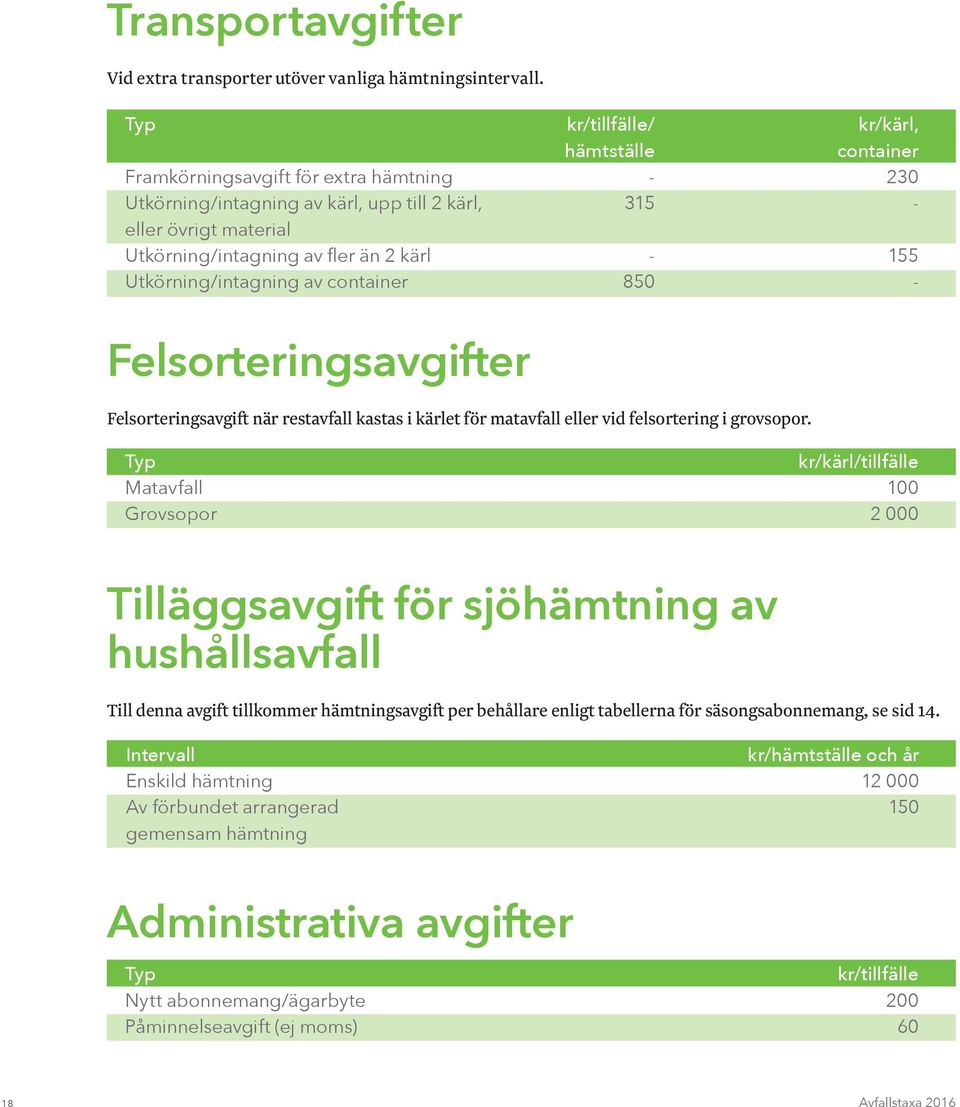 kärl - 155 Utkörning/intagning av container 850 - Felsorteringsavgifter Felsorteringsavgift när restavfall kastas i kärlet för matavfall eller vid felsortering i grovsopor.