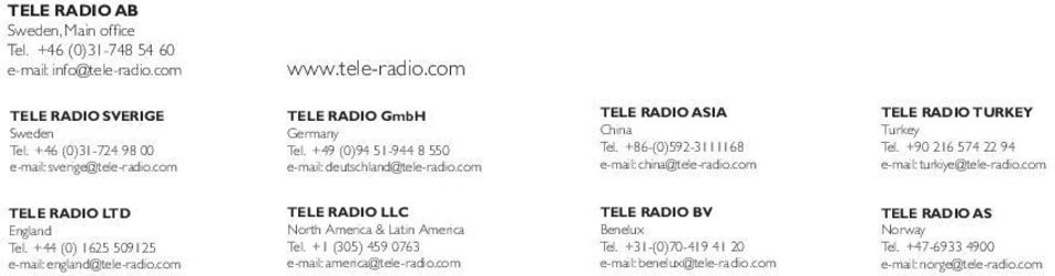 com TELE RADIO TURKEY Turkey Tel. +90 216 574 22 94 e-mail: turkiye@tele-radio.com TELE RADIO LTD England Tel. +44 (0) 1625 509125 e-mail: england@tele-radio.