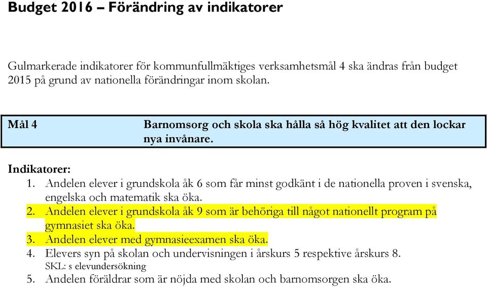 Andelen elever i grundskola åk 6 som får minst godkänt i de nationella proven i svenska, engelska och matematik ska öka. 2.