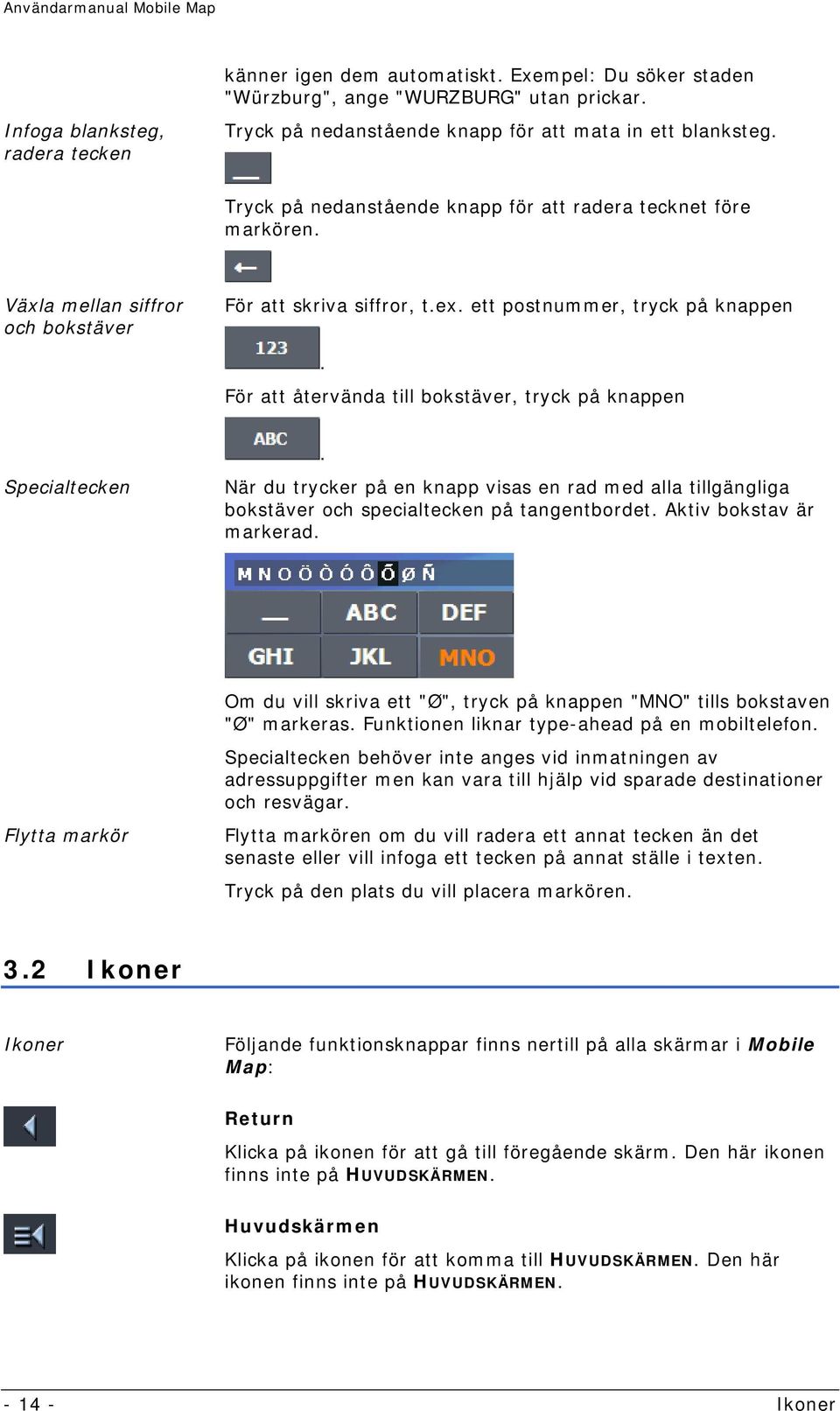 För att återvända till bokstäver, tryck på knappen Specialtecken. När du trycker på en knapp visas en rad med alla tillgängliga bokstäver och specialtecken på tangentbordet. Aktiv bokstav är markerad.