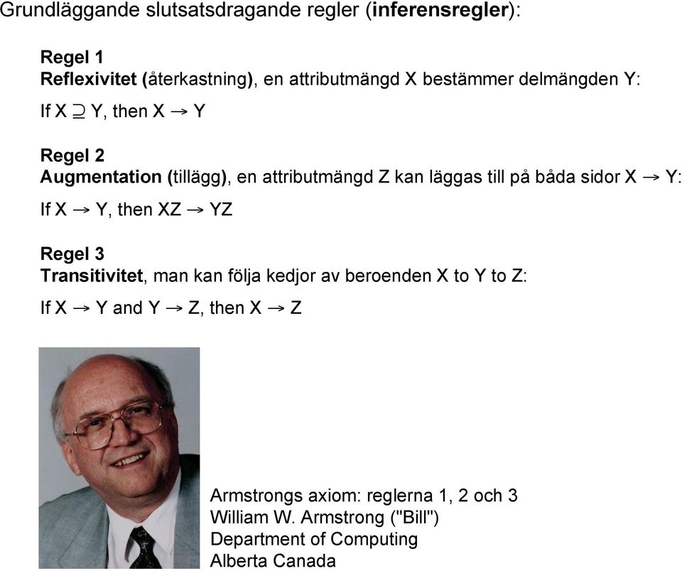 båda sidor X Y: If X Y, then XZ YZ Regel 3 Transitivitet, man kan följa kedjor av beroenden X to Y to Z: If X Y