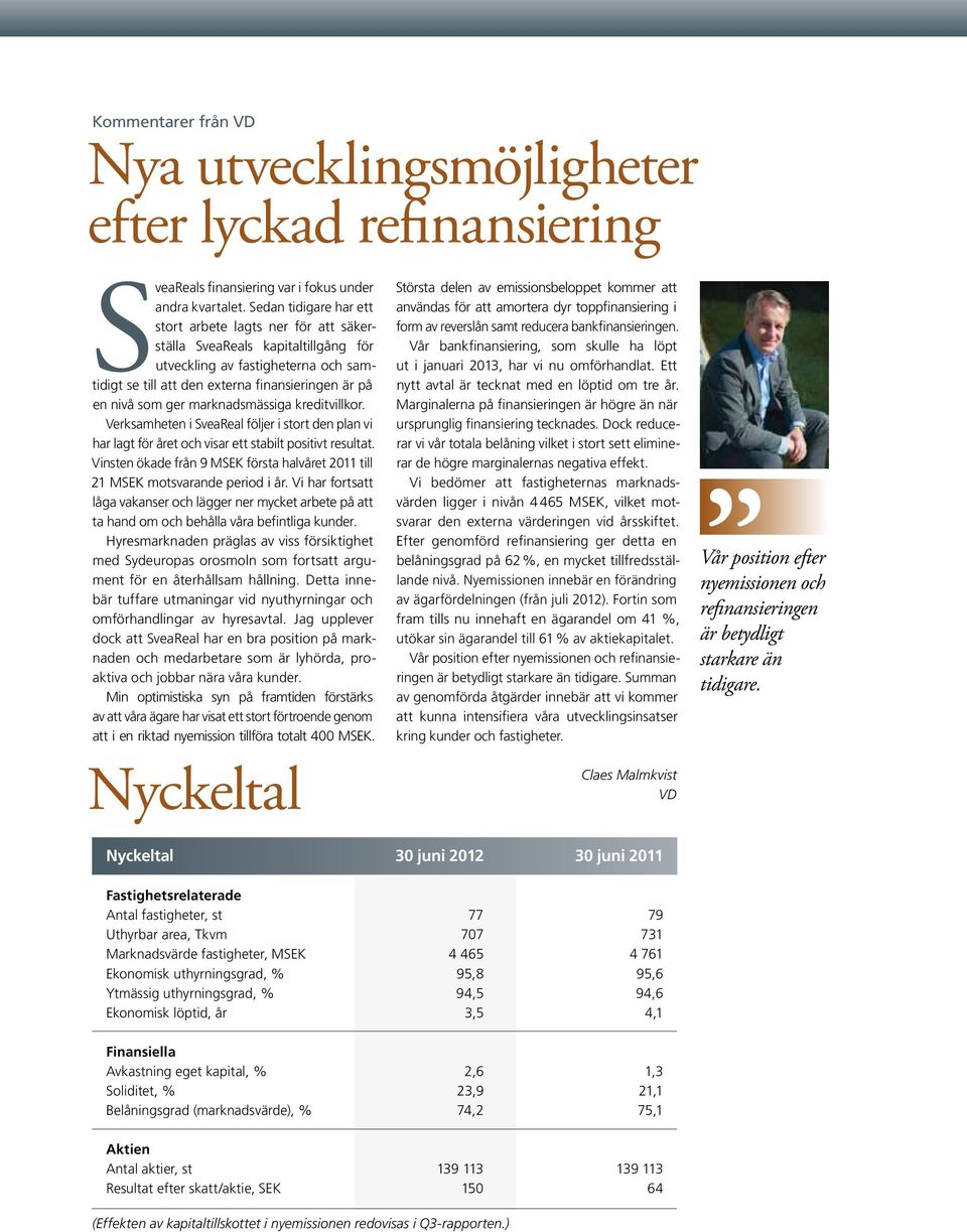 marknadsmässiga kreditvillkor. Verksamheten i SveaReal följer i stort den plan vi har lagt för året och visar ett stabilt positivt resultat.