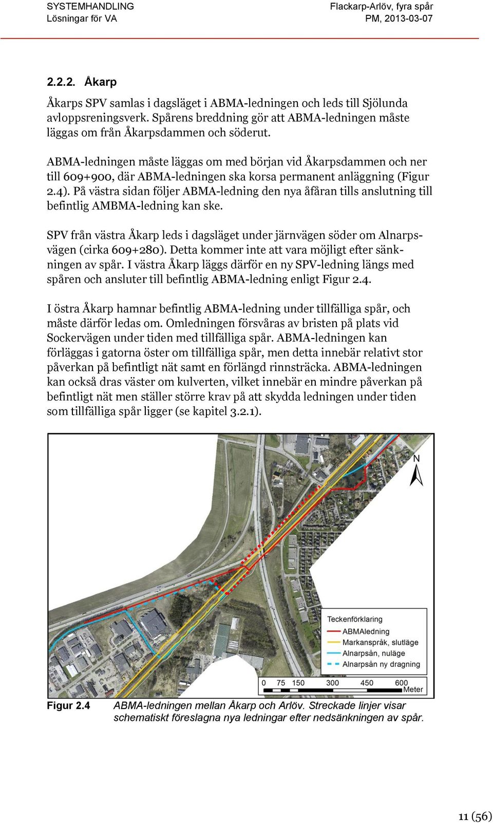 På västra sidan följer ABMA-ledning den nya åfåran tills anslutning till befintlig AMBMA-ledning kan ske. SPV från västra Åkarp leds i dagsläget under järnvägen söder om Alnarpsvägen (cirka 609+280).