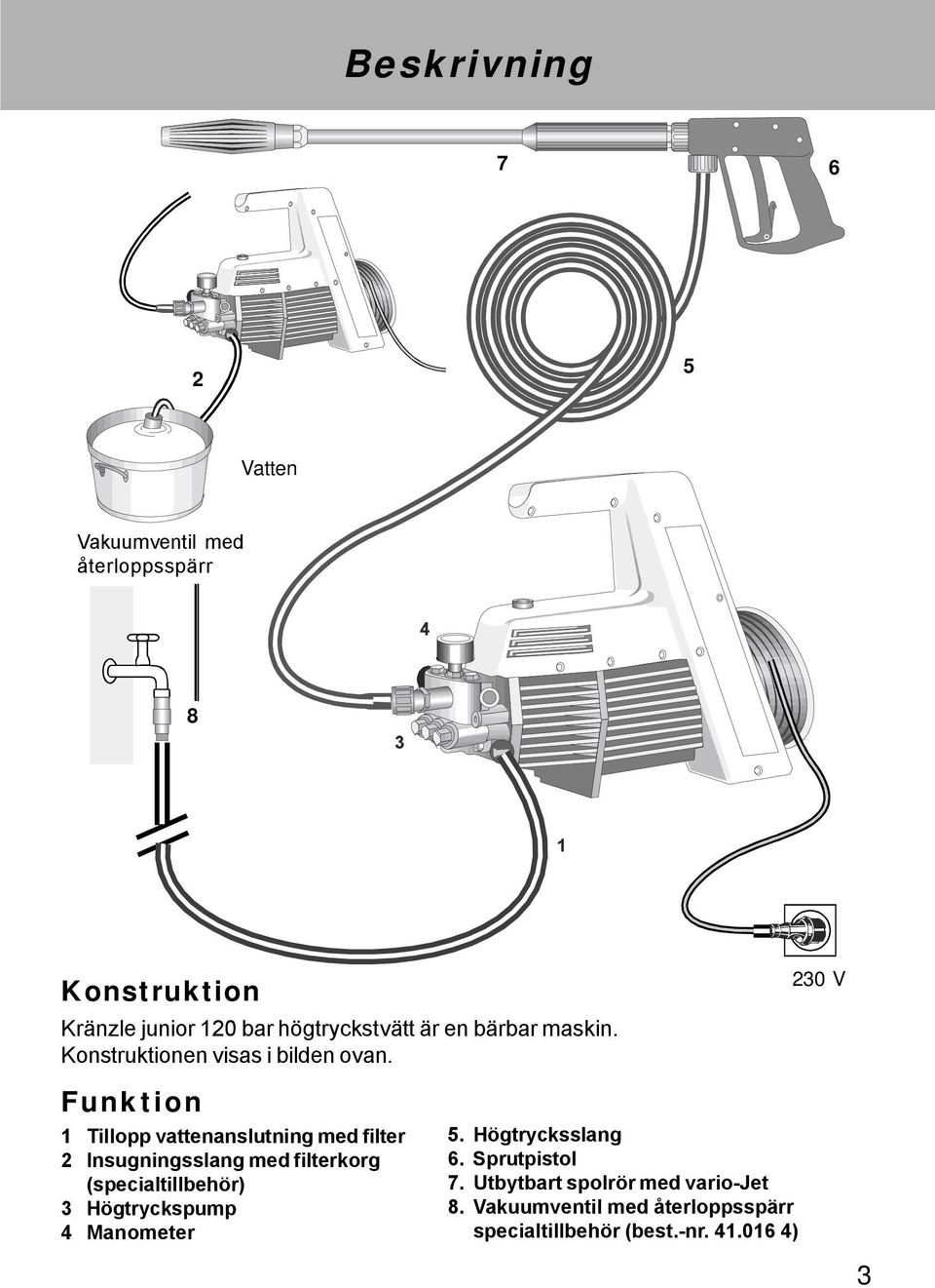 230 V Funktion 1 Tillopp vattenanslutning med filter 2 Insugningsslang med filterkorg (specialtillbehör) 3