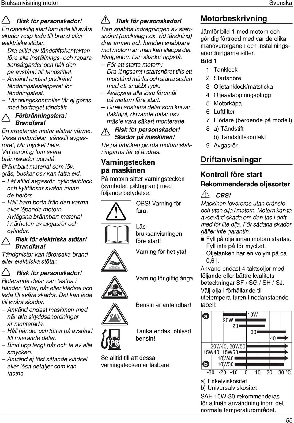 Tändningskontroller får ej göras med borttaget tändstift.! Förbränningsfara! Brandfara! En arbetande motor alstrar värme. Vissa motordelar, särskilt avgasröret, blir mycket heta.