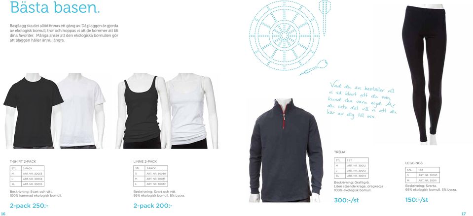 TRÖJA T-SHIRT 2-PACK 2-PACK M ART. NR. 30033 L ART. NR. 30034 XL ART. NR. 30035 Beskrivning: Svart och vitt. 100% kammad ekologisk bomull. 2-pack 250:- LINNE 2-PACK 2-PACK S ART. NR. 30030 M ART. NR. 30031 L ART.