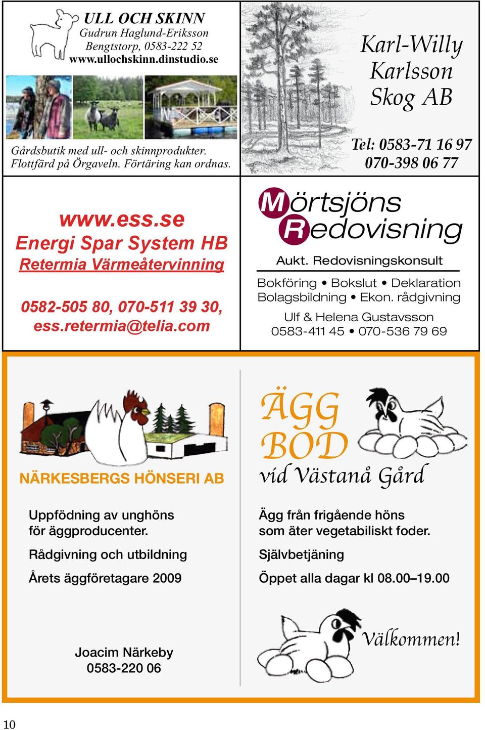 Redovisningskonsult Bokföring Bokslut Deklaration Bolagsbildning Ekon. rådgivning Ulf & Helena Gustavsson 0583-411 45 070-536 79 69 NÄRKESBERGS HÖNSERI AB Uppfödning av unghöns för äggproducenter.