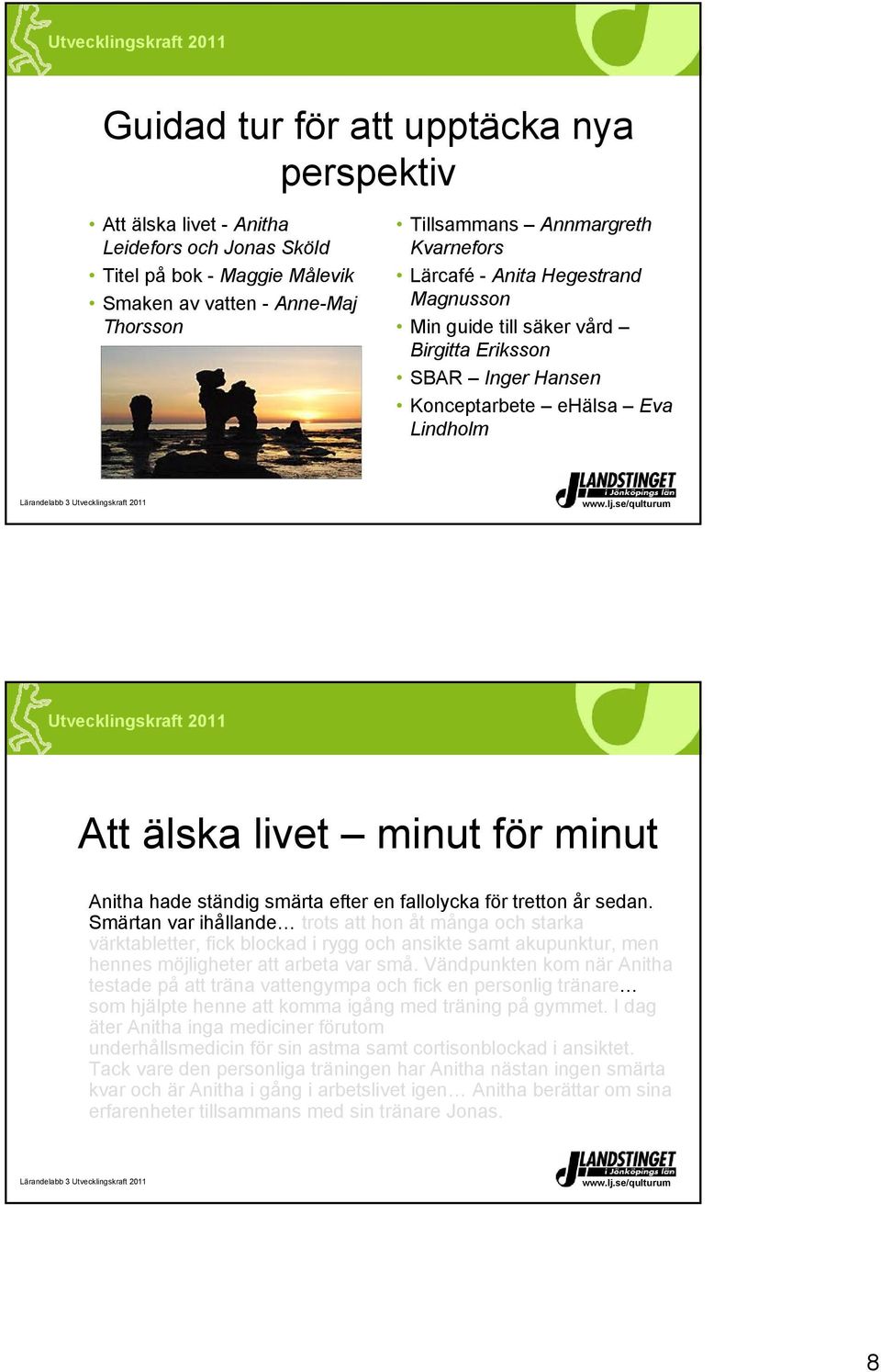 en fallolycka för tretton år sedan. Smärtan var ihållande trots att hon åt många och starka värktabletter, fick blockad i rygg och ansikte samt akupunktur, men hennes möjligheter att arbeta var små.