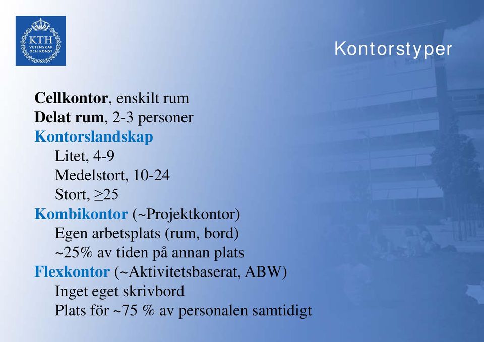 (rum, bord) ~25% av tiden på annan plats Flexkontor (~Aktivitetsbaserat,