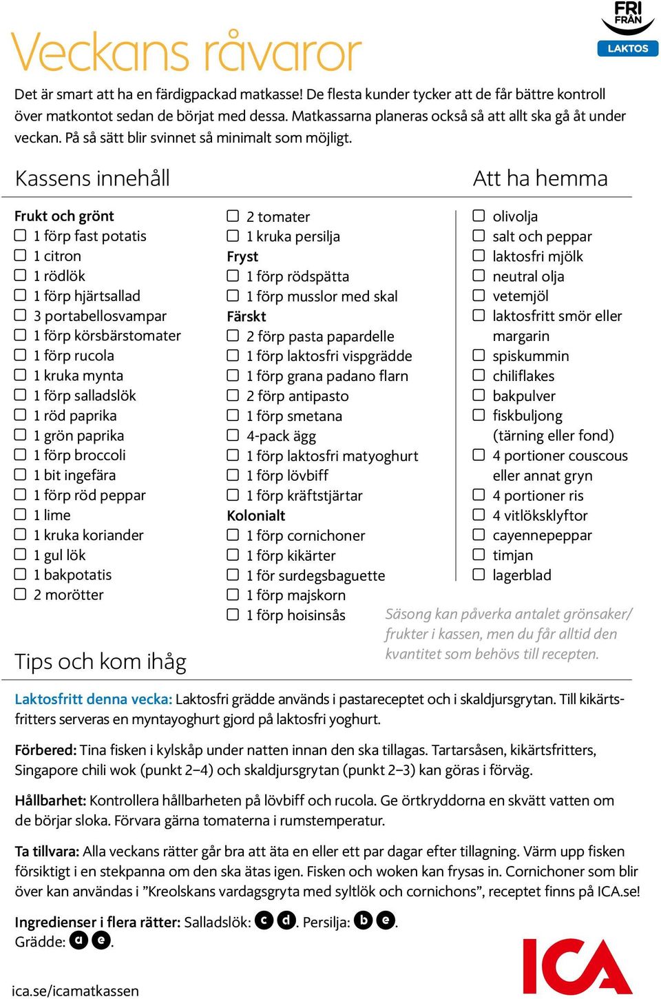 Kassens innehåll Frukt och grönt 1 förp fast potatis 1 citron 1 rödlök 1 förp hjärtsallad 3 portabellosvampar 1 förp körsbärstomater 1 förp rucola 1 kruka mynta 1 förp salladslök 1 röd paprika 1 grön