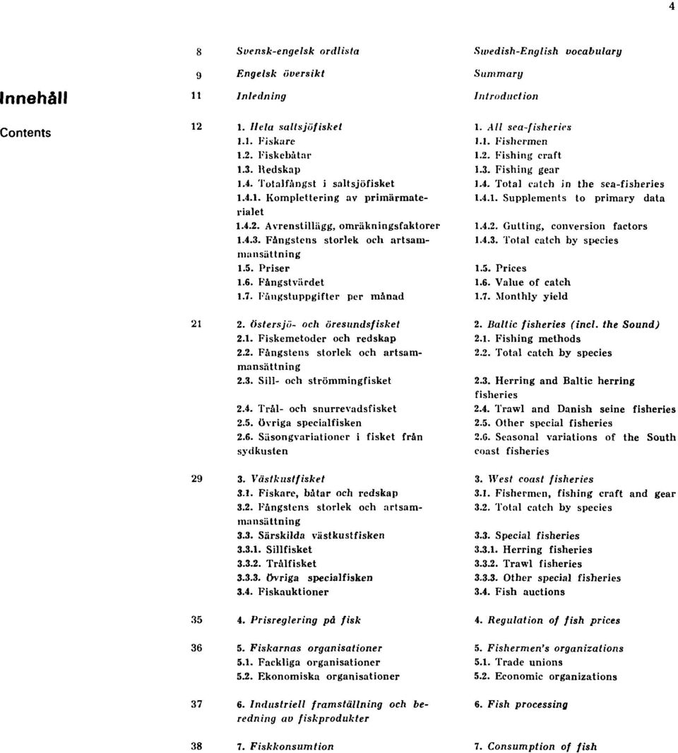 Fångstuppgifter per månad Introduction 1. All sea-fisheries 1.1. Fishermen 1.2. Fishing craft 1.3. Fishing gear 1.4. Total catch in the sea-fisheries 1.4.1. Supplements to primary data 1.4.2. Gutting, conversion factors 1.