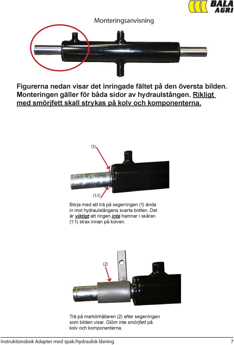 (1) (1:1) Börja med att trä på segerringen (1) ända in mot hydraulstångens svarta botten.