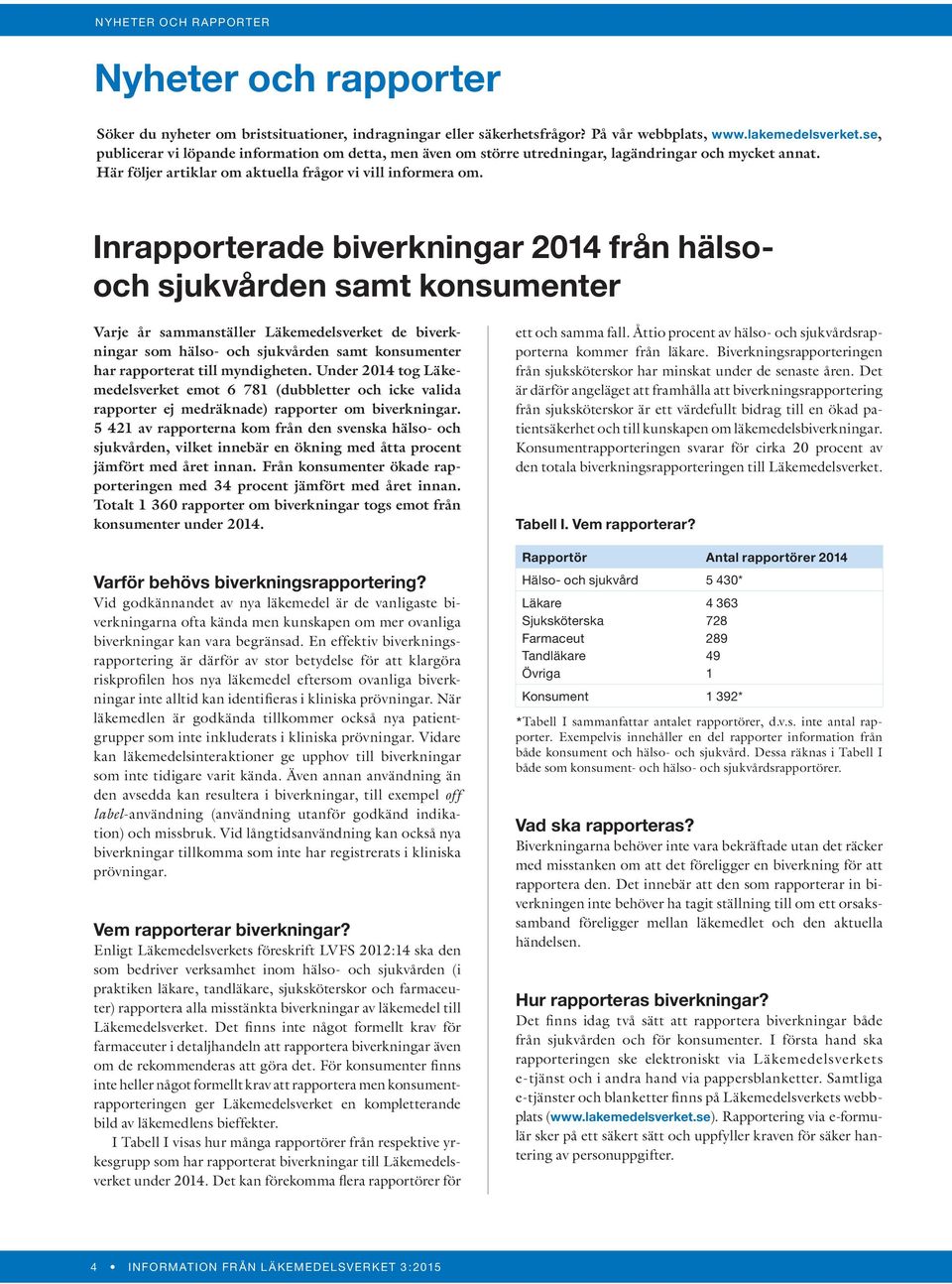 Inrapporterade biverkningar 2014 från hälsooch sjukvården samt konsumenter Varje år sammanställer Läkemedelsverket de biverkningar som hälso- och sjukvården samt konsumenter har rapporterat till