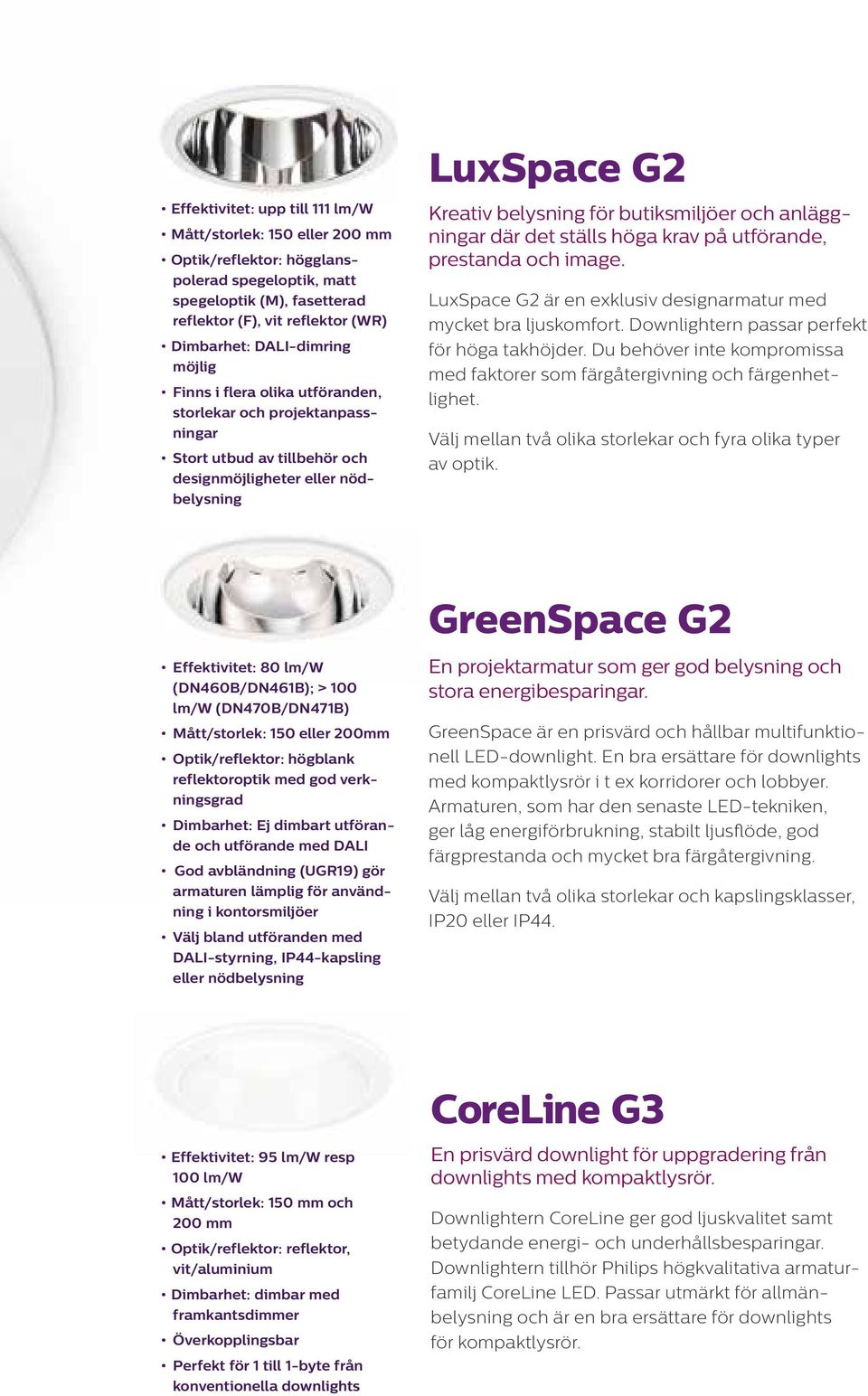 anläggningar där det ställs höga krav på utförande, prestanda och image. LuxSpace G2 är en exklusiv designarmatur med mycket bra ljuskomfort. Downlightern passar perfekt för höga takhöjder.