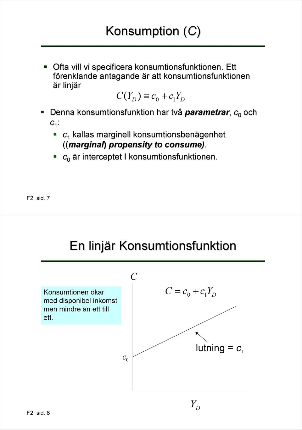 parametrar rar, c 0 och c 1 : c 1 kallas marginell konsumtionsbenägenhet ((marginal marginal) propensity to consume).