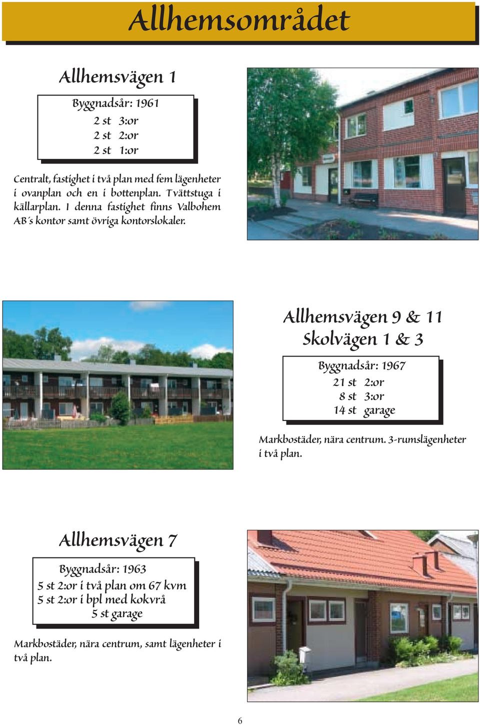 Allhemsvägen 9 & 11 Skolvägen 1 & 3 Byggnadsår: 1967 21 st 2:or 8 st 3:or 14 st garage Markbostäder, nära centrum.