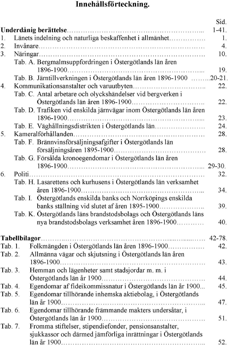 Antal arbetare och olyckshändelser vid bergverken i Östergötlands län åren 1896-1900.. 22. Tab. D. Trafiken vid enskilda järnvägar inom Östergötlands län åren 1896-1900... 23. Tab. E.