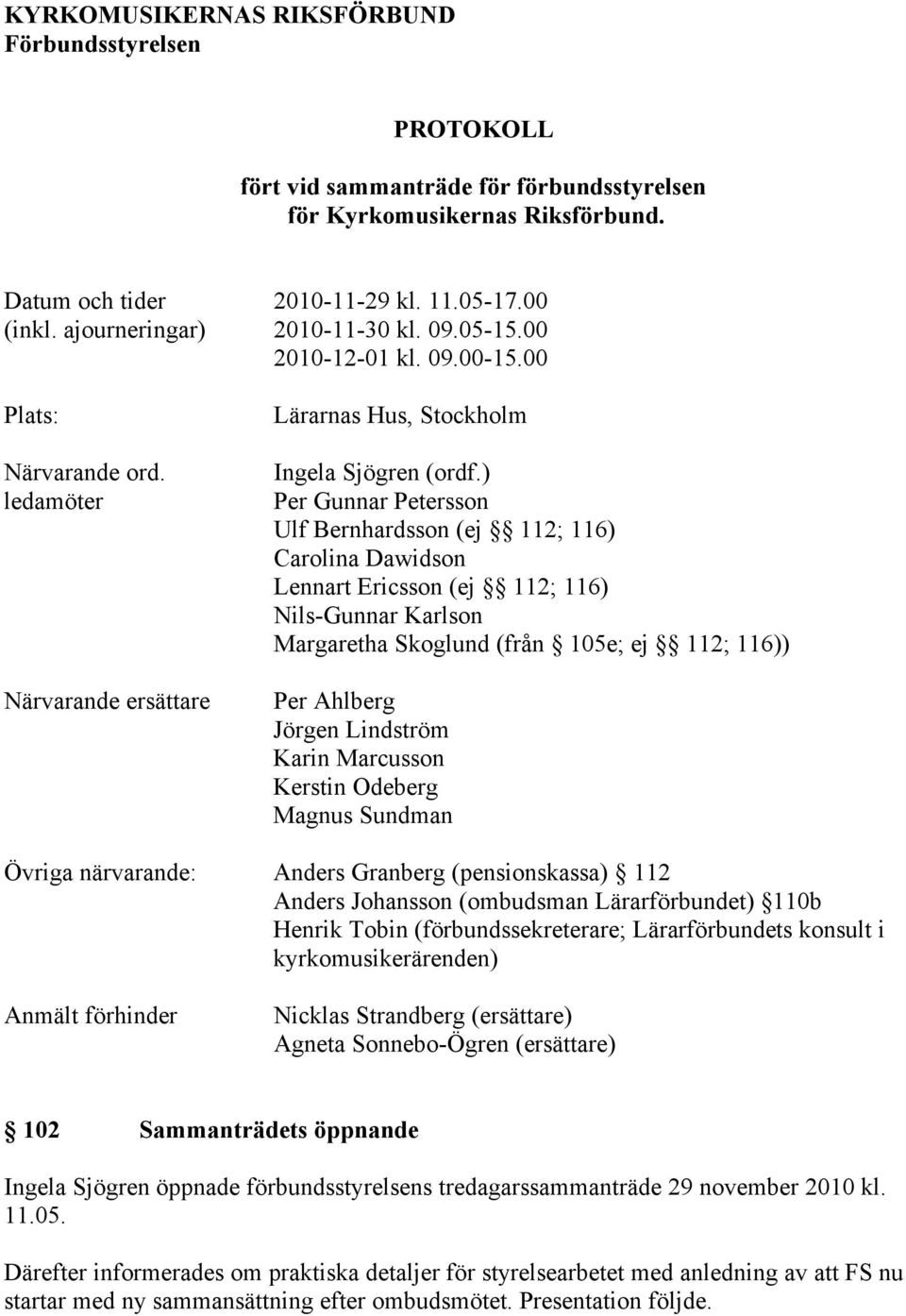 ) Per Gunnar Petersson Ulf Bernhardsson (ej 112; 116) Carolina Dawidson Lennart Ericsson (ej 112; 116) Nils-Gunnar Karlson Margaretha Skoglund (från 105e; ej 112; 116)) Per Ahlberg Jörgen Lindström