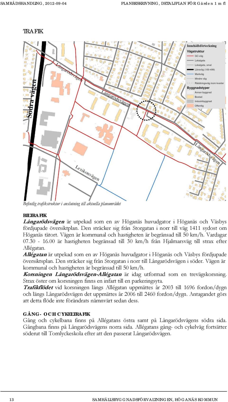 00 är hastigheten begränsad till 30 km/h från Hjalmarsväg till strax efter Allégatan. Allégatan är utpekad som en av Höganäs huvudgator i Höganäs och Väsbys fördjupade översiktsplan.