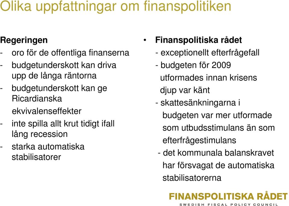 stabilisatorer Finanspolitiska rådet - exceptionellt efterfrågefall - budgeten för 2009 utformades innan krisens djup var känt -