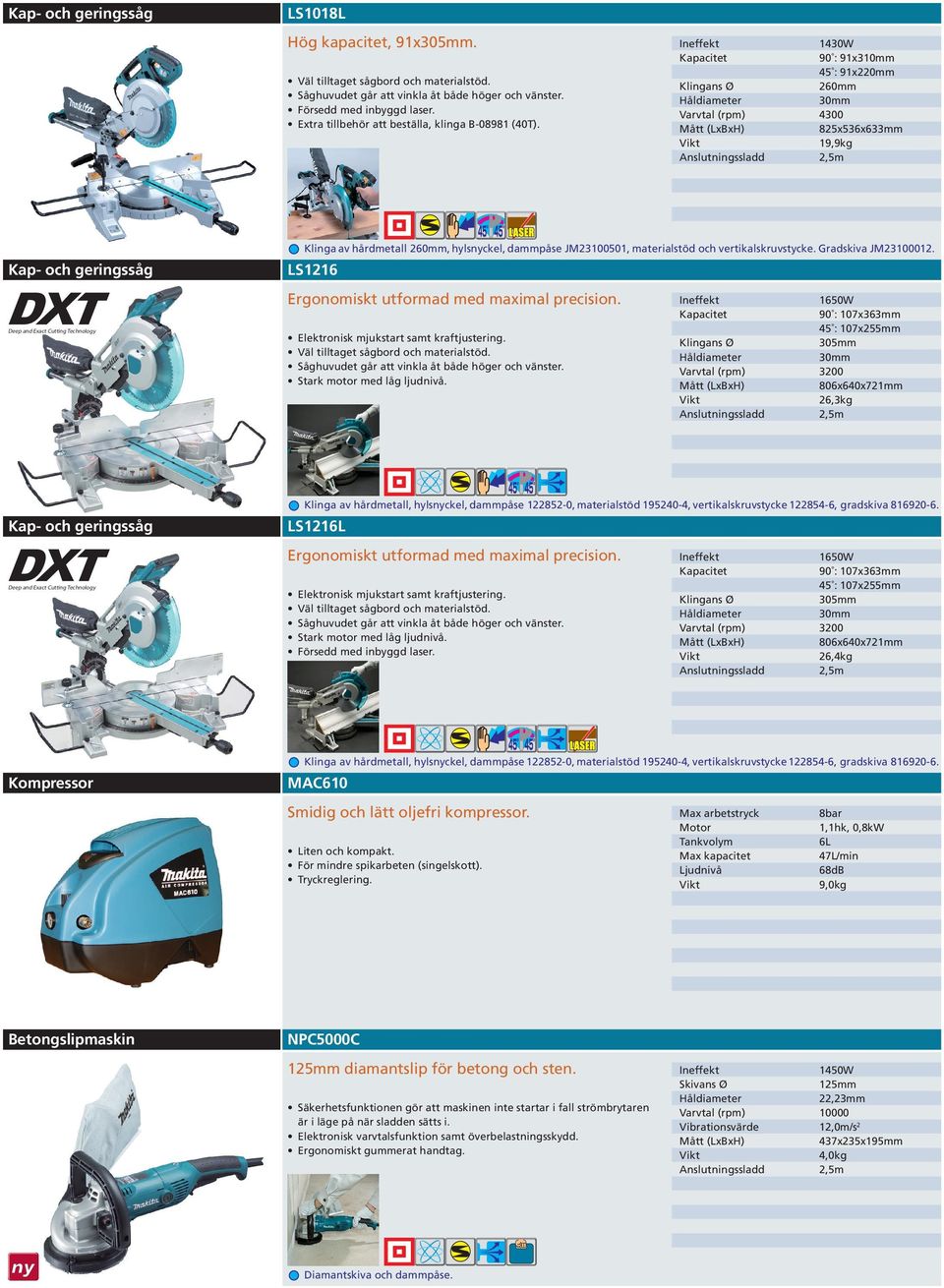 1430W 90 : 91x310mm 45 : 91x220mm 260mm Varvtal (rpm) 4300 825x536x633mm 19,9kg Kap- och geringssåg Deep and Exact Cutting Technology Klinga av hårdmetall 260mm, hylsckel, dammpåse JM23100501,