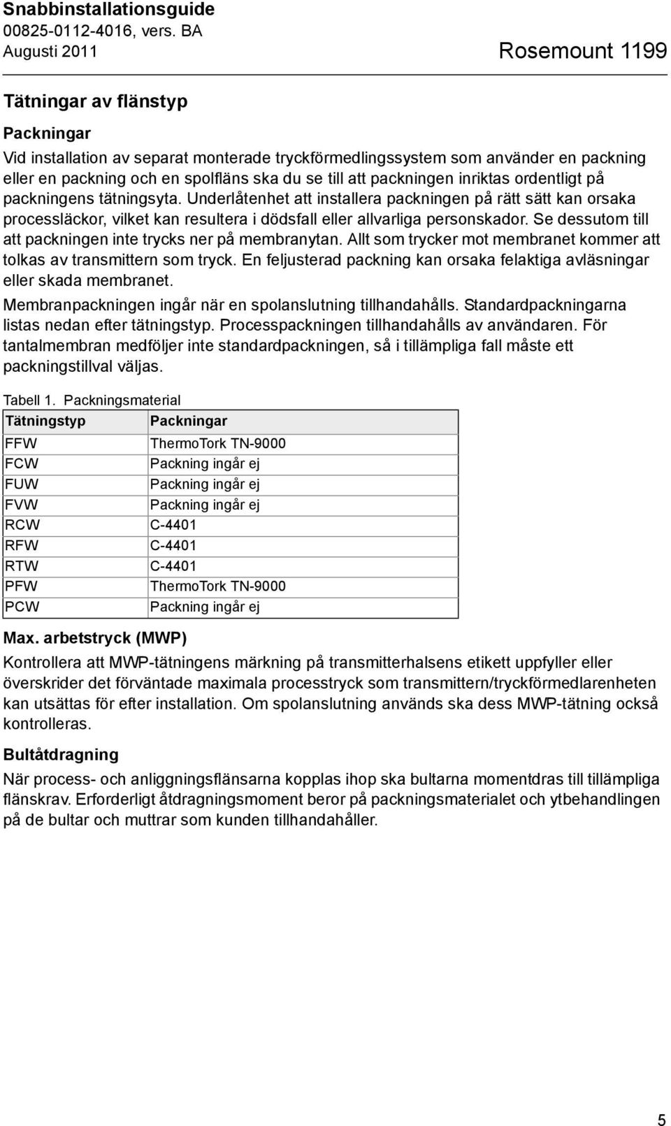 Underlåtenhet att installera packningen på rätt sätt kan orsaka processläckor, vilket kan resultera i dödsfall eller allvarliga personskador.