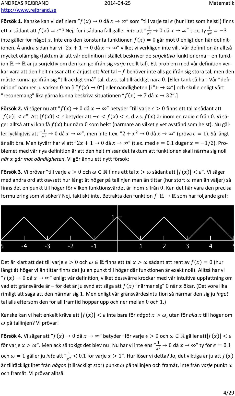 Vår definition är alltså mycket olämplig (faktum är att vår definition i stället beskriver de surjektiva funktionerna en funktion är ju surjektiv om den kan ge ifrån sig varje reellt tal).