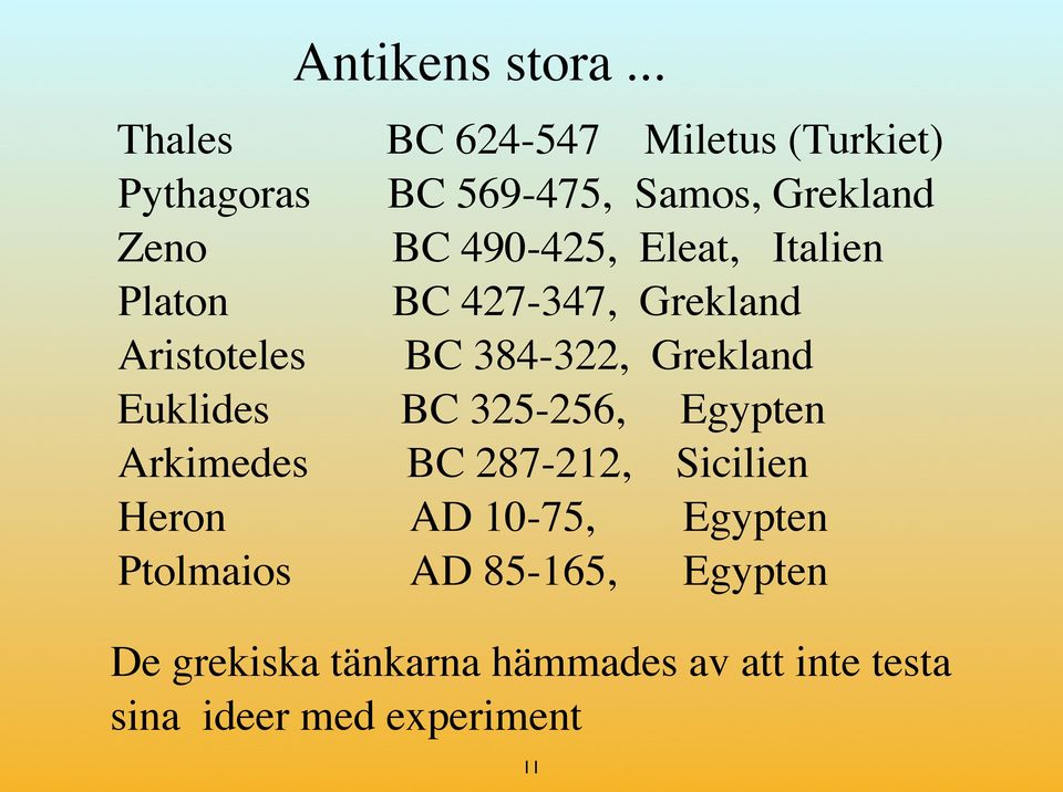 Grekland BC 490-425, Eleat, Italien BC 427-347, Grekland BC 384-322, Grekland Euklides BC