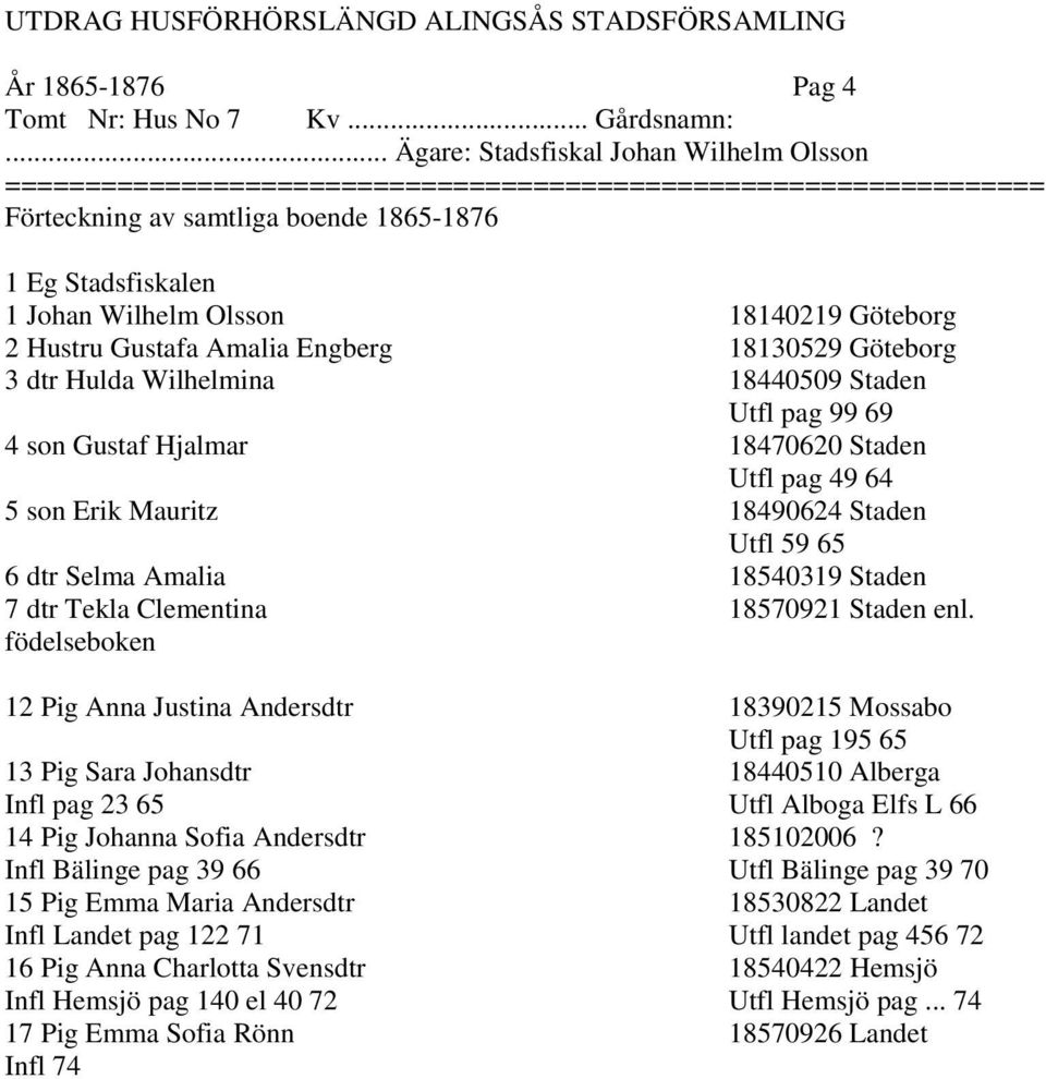 dtr Hulda Wilhelmina 18440509 Staden Utfl pag 99 69 4 son Gustaf Hjalmar 18470620 Staden Utfl pag 49 64 5 son Erik Mauritz 18490624 Staden Utfl 59 65 6 dtr Selma Amalia 18540319 Staden 7 dtr Tekla