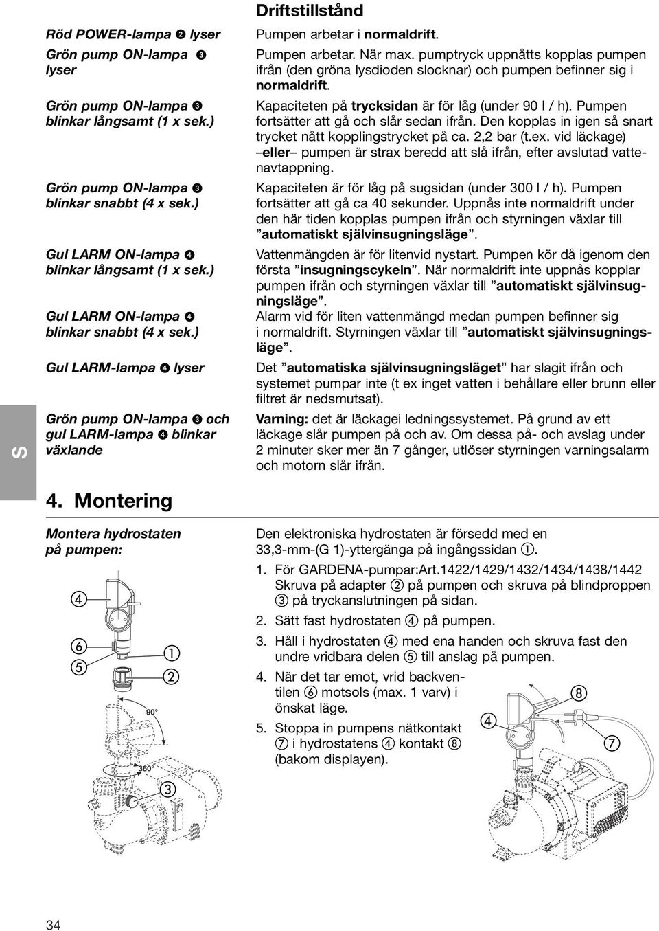 pumptryck uppnåtts kopplas pumpen ifrån (den gröna lysdioden slocknar) och pumpen befinner sig i normaldrift. Kapaciteten på trycksidan är för låg (under 90 l / h).