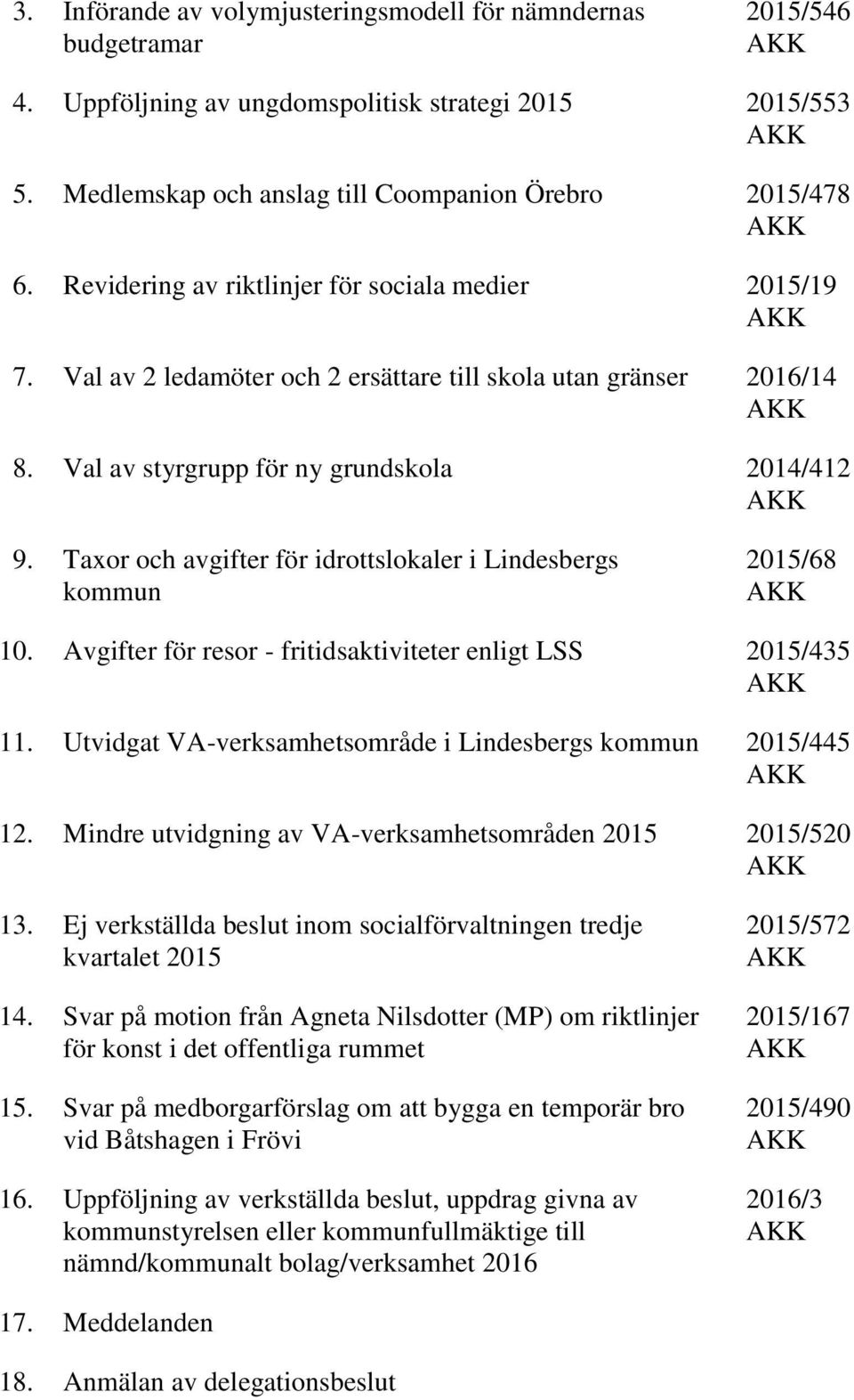 Val av styrgrupp för ny grundskola 2014/412 AKK 9. Taxor och avgifter för idrottslokaler i Lindesbergs kommun 2015/68 AKK 10. Avgifter för resor - fritidsaktiviteter enligt LSS 2015/435 AKK 11.